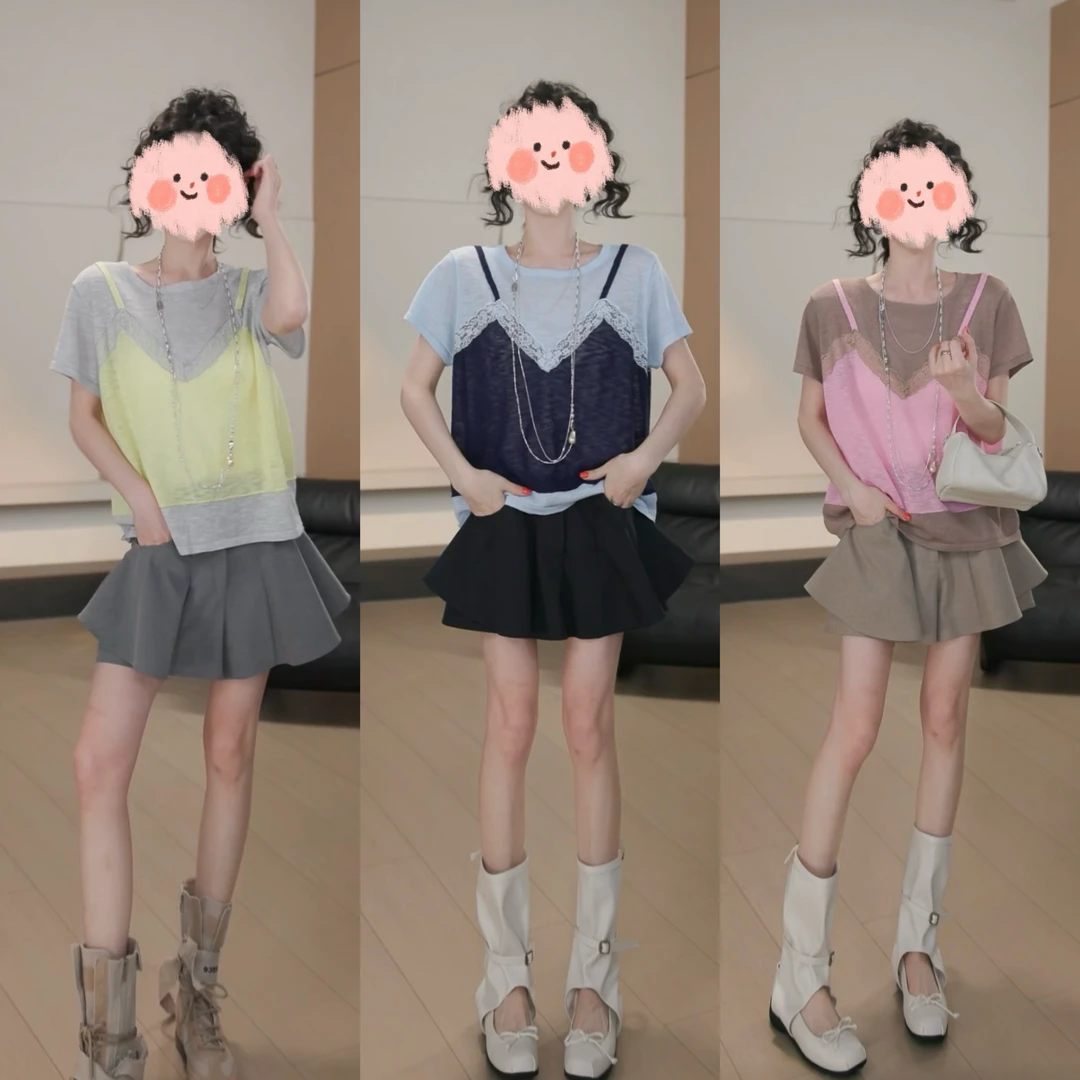 2025夏季拼接圆领宽松显瘦休闲短袖T恤休闲百搭荷叶边A字高腰裙裤