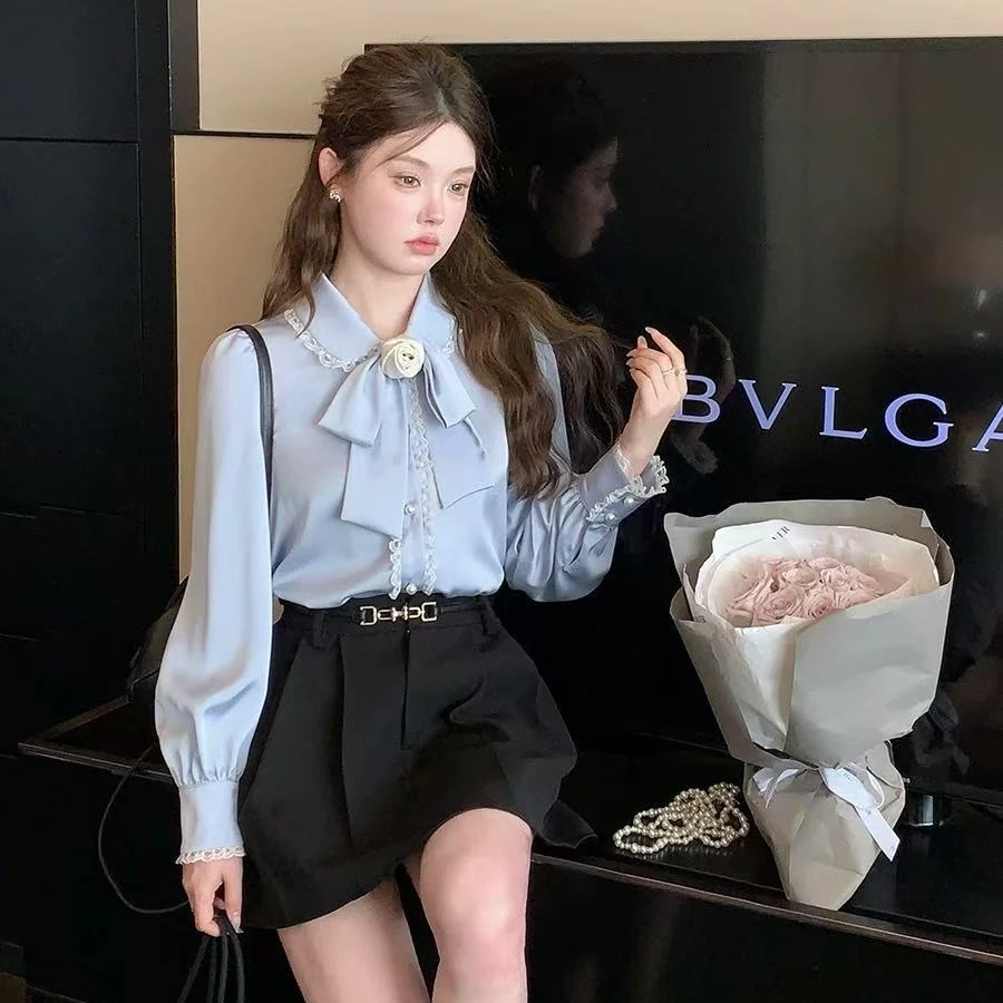 可拆卸山茶花蝴蝶结 法式小香风娃娃领衬衫女缎面气质上衣-805356