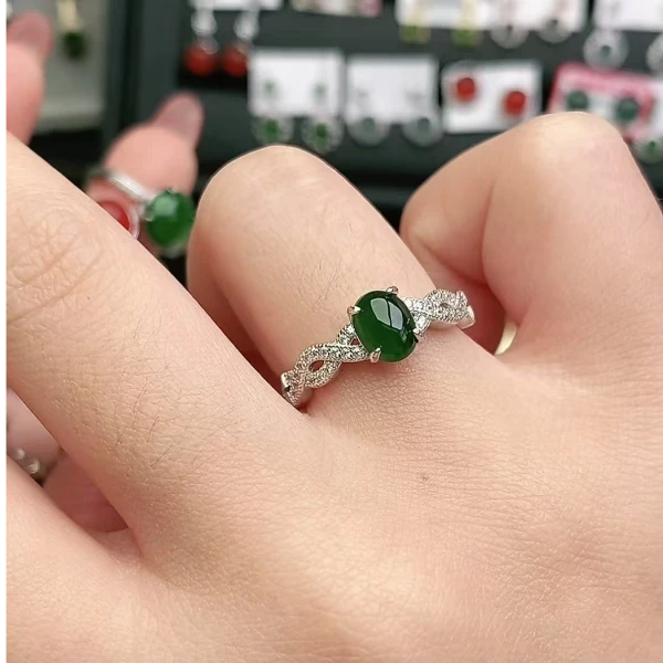 鑫辰珠宝天然A货翡翠银镶嵌设计款开口女戒指时尚百搭