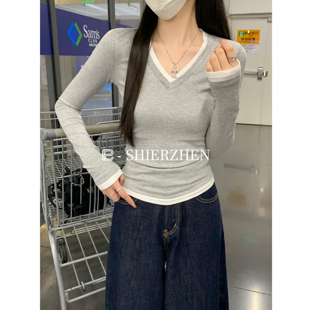 2025早春韩版新款撞色v领修身气质百搭莫代尔打底衫长袖T恤