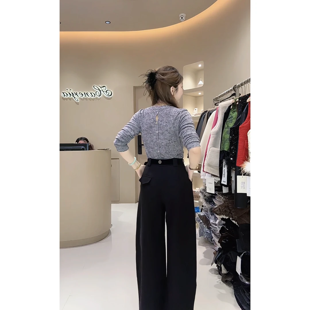 涵儿家 秋冬设计感圆领后背排扣侧褶皱上衣VS简约毛呢阔腿裤25301