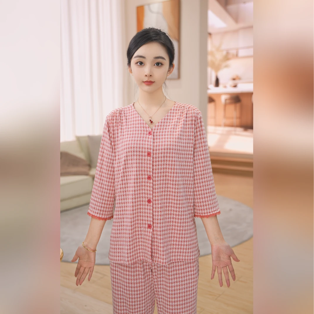 秋鹿人棉V领七分袖九分裤薄款格子女套可机洗休闲