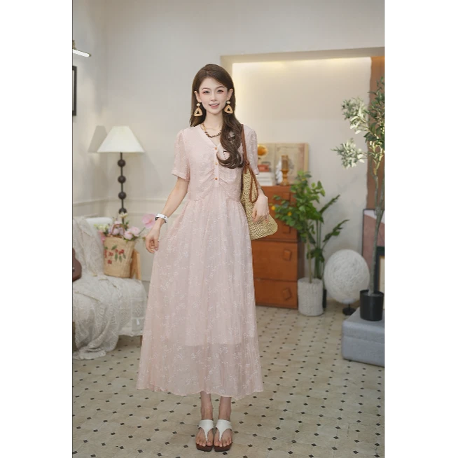 谜秀新品连衣裙蕾丝显瘦气质夏季复古国风法式长款轻奢中式泡泡袖