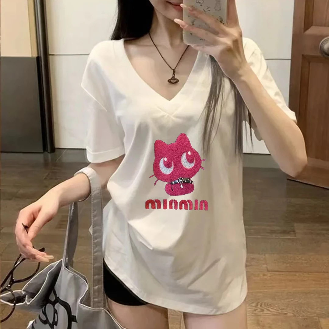 夏季女装美式黑色短袖t恤女2024新款休闲v领大码宽松显瘦遮肉上衣