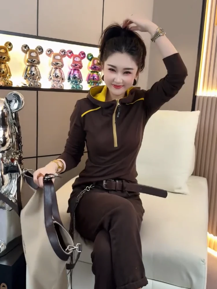 网红爆款时尚女装2025秋冬新款洋气减龄拼色半拉链连帽长袖卫衣潮