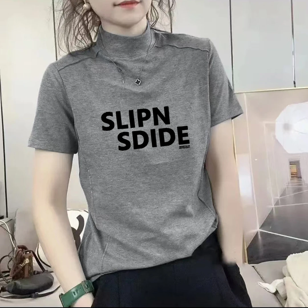 纯棉洋气半高领t恤短袖上衣2025百搭新款时尚显瘦夏季体恤衫ins潮