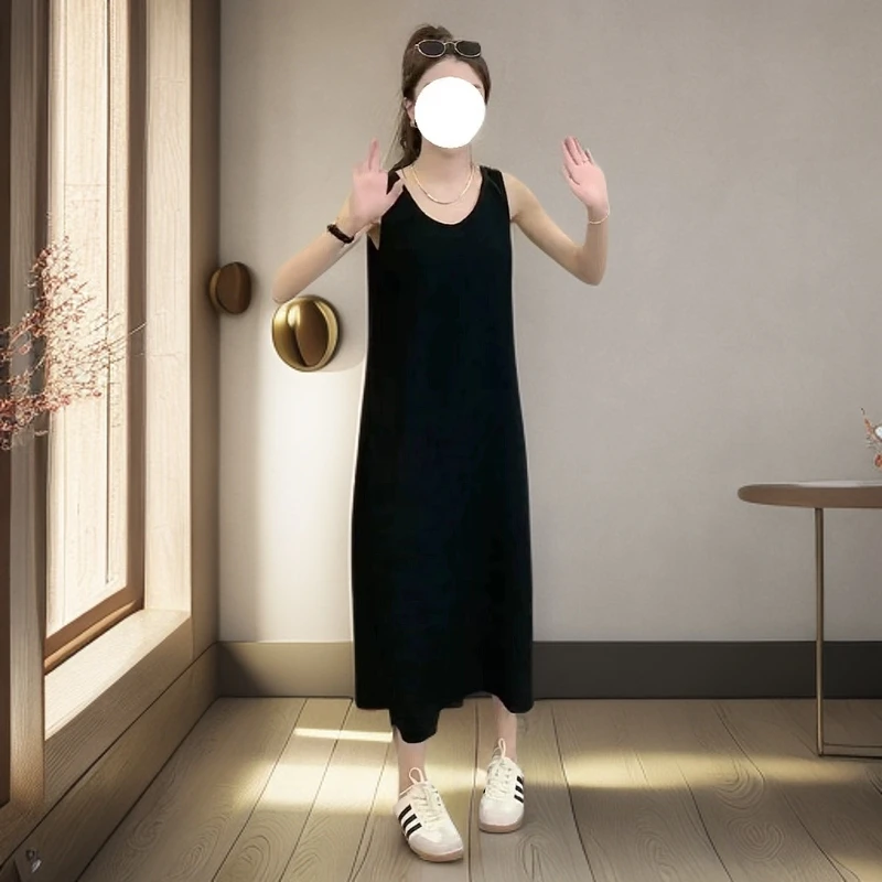 夏季大码女装黑色无袖内搭背心裙微宽松显瘦遮肚子吊带连衣裙