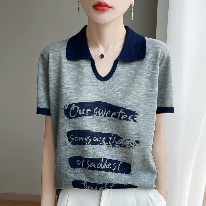 品牌夏季新款韩版宽松百搭短袖翻领拼色针织衫T恤女