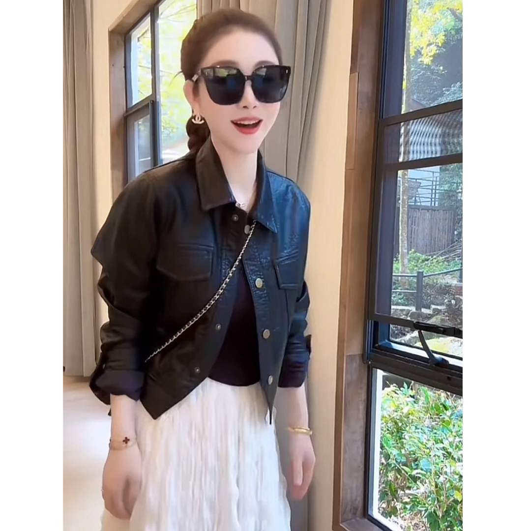 2025春季新款小个子高级感黑色皮衣短款外套女时尚显瘦机车服上衣