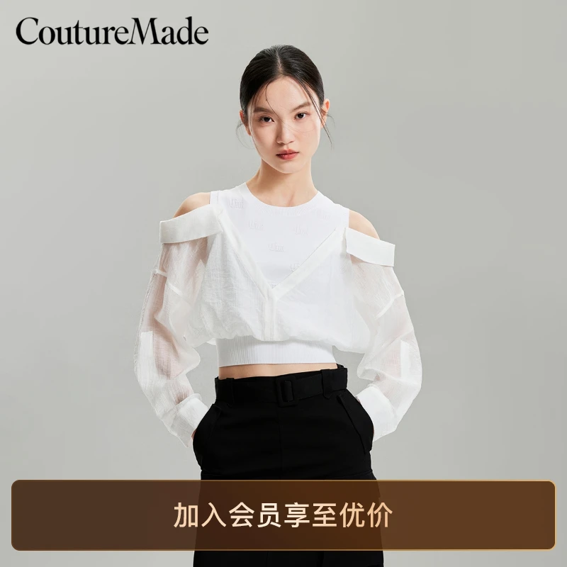 Vero Moda上衣女早秋新款假两件露肩针织拼接衬衫独特漂亮小衫