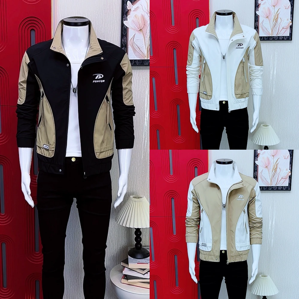 秋季新款男士外套高端轻奢撞色潮流百搭男款立领夹克拼色修身外衣
