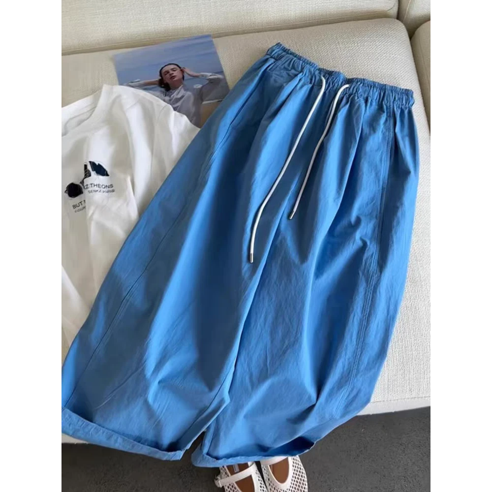 版型不挑人~！多巴胺蓝色休闲裤夏季薄款宽松舒适百搭松紧腰九分裤