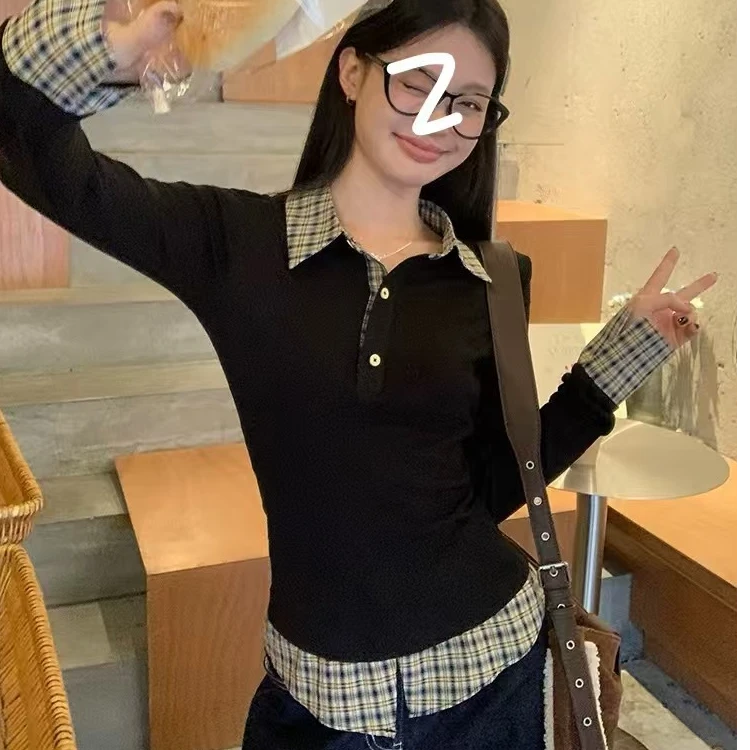 韩版设计感藏蓝POLO领假两件打底衫女秋冬新款百搭显瘦长袖上衣