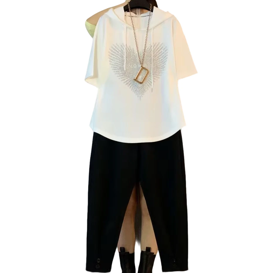 大维罗依DYZ新款大码烫钻爱心连帽衫+纽扣卫裤时尚套装