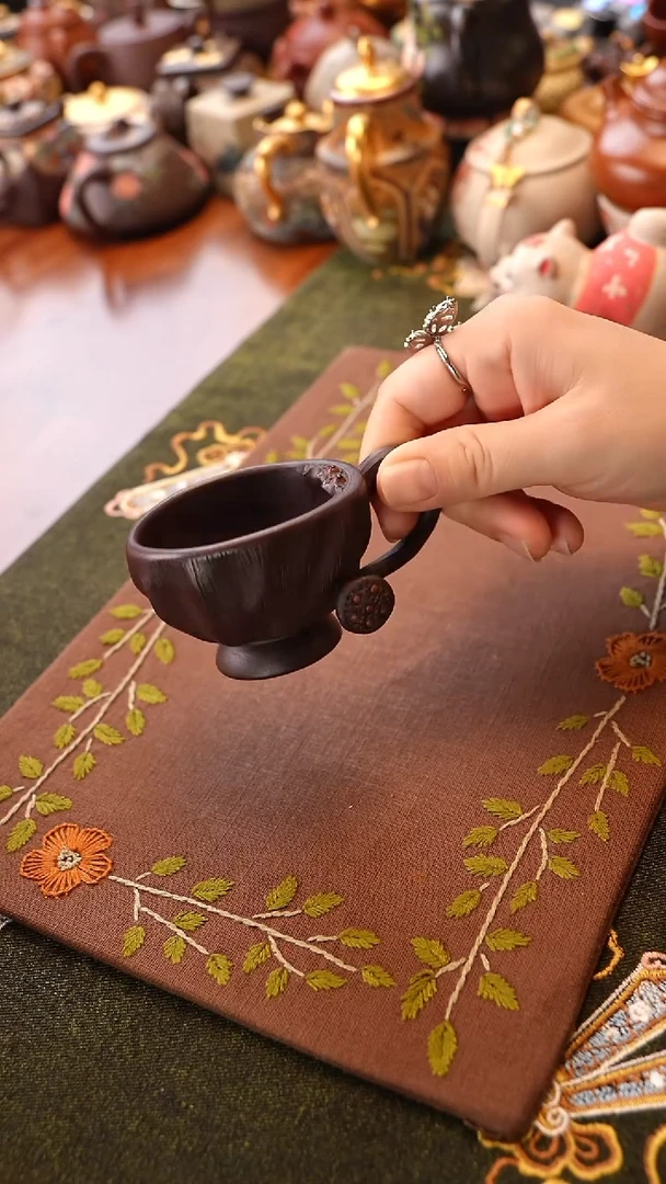 茶壶紫砂老紫泥莲子把手杯