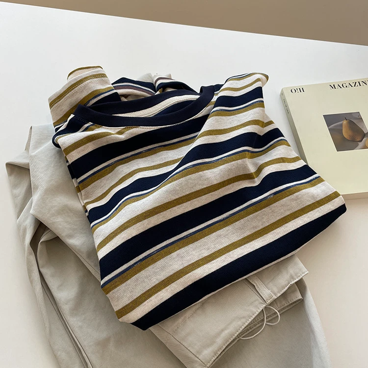 清仓福利【拾光】高定条纹复古拼色长袖T春款