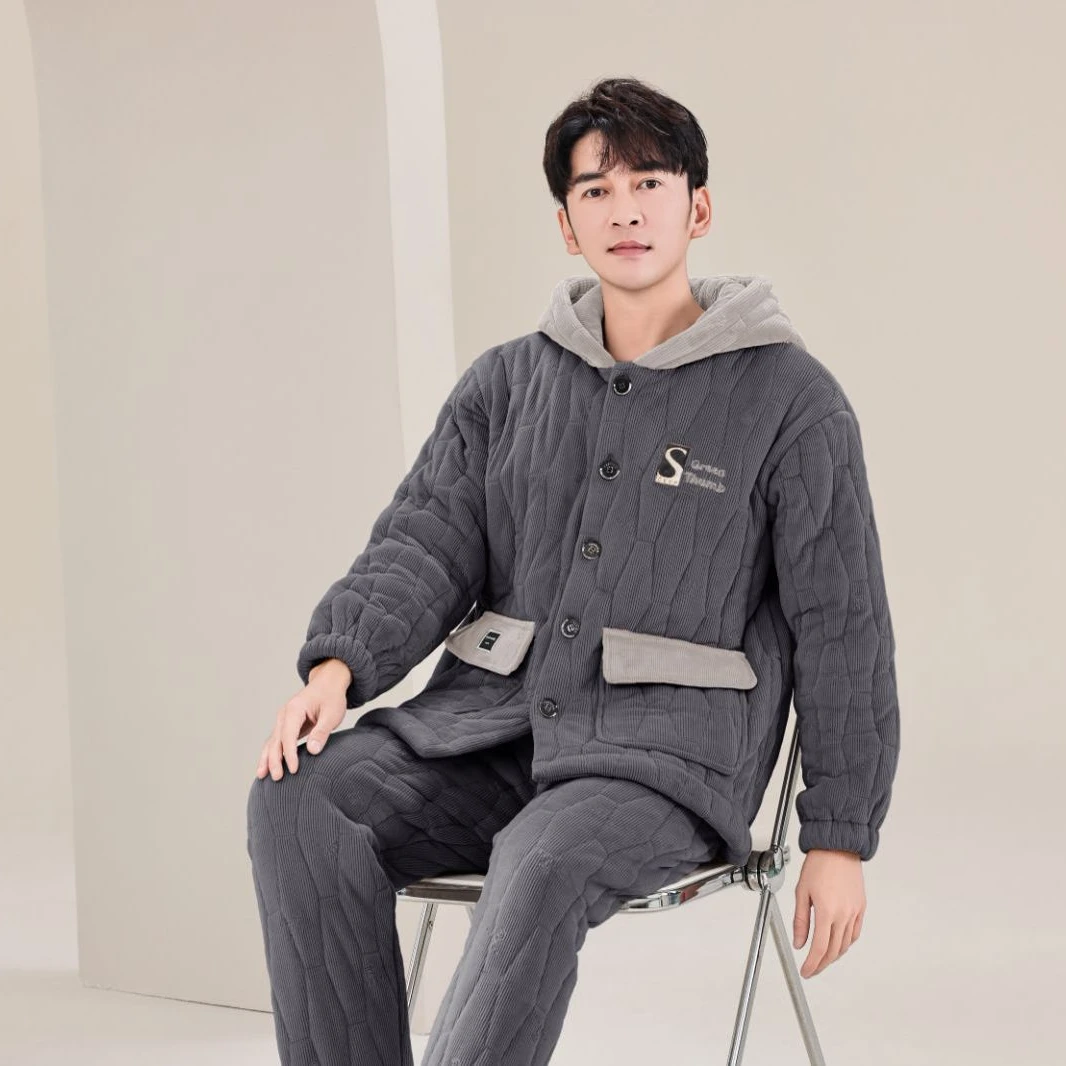 冬季三层夹棉袄大码男士睡衣珊瑚绒加绒加厚家居服保暖套装新款爆