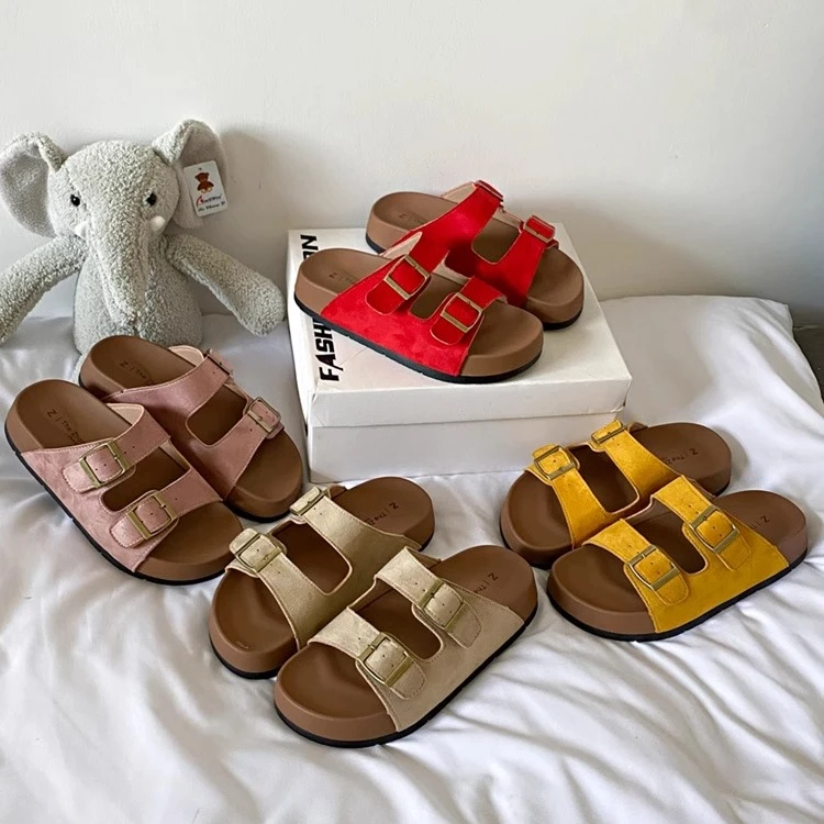 韩国彩色厚底勃肯凉拖女夏外穿2025新款复古搭扣露趾一脚蹬凉拖鞋