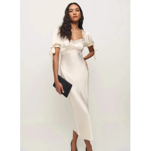 小雅家   2025法式真丝连衣裙显瘦方领泡泡袖绑带蕾丝花边中长裙