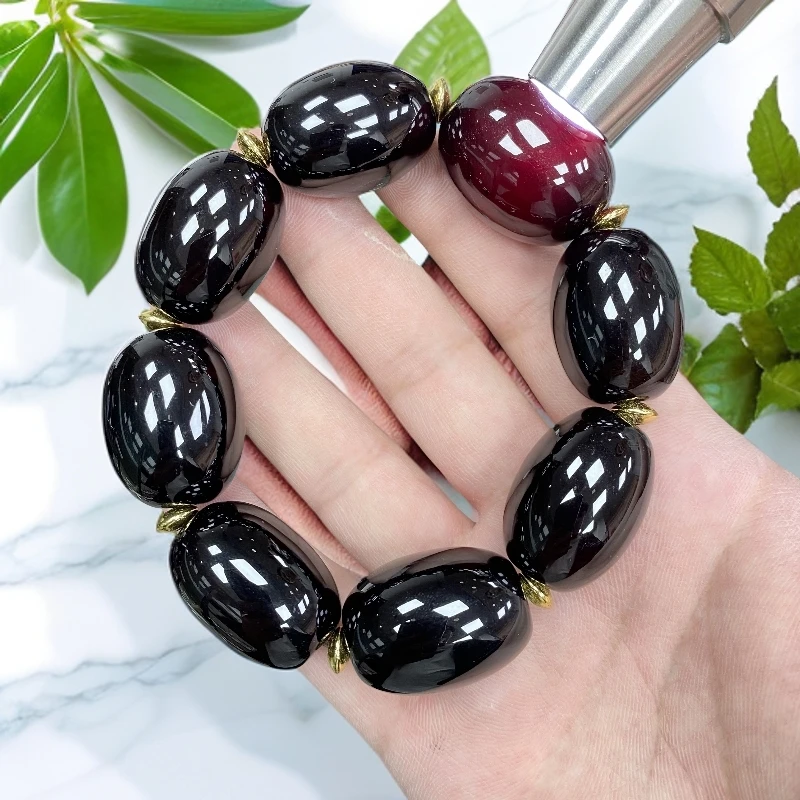 尺寸约20*28mm8颗老料血离子黑金大枣玛瑙玉石手串