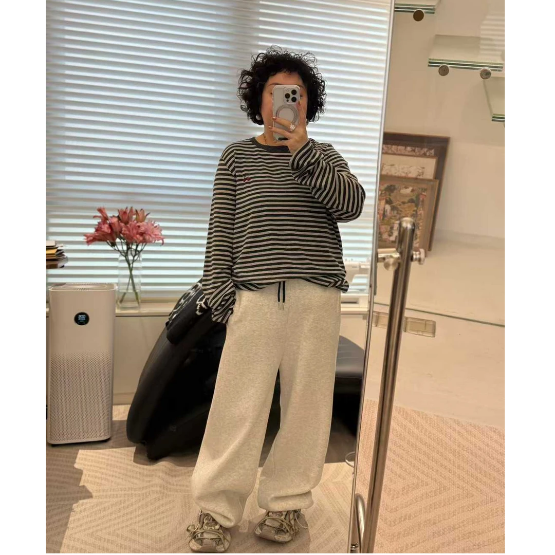 MEET   冬季百搭磨毛樱桃条纹T恤