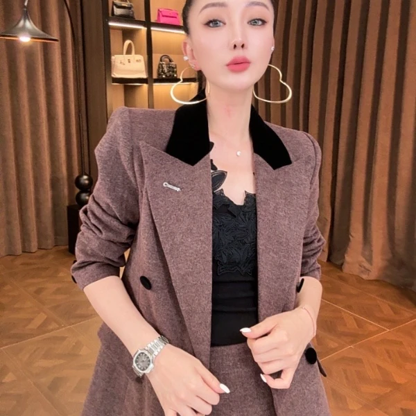 【宝姐家/西装】秋季时尚毛呢双排扣职场休闲西服套装