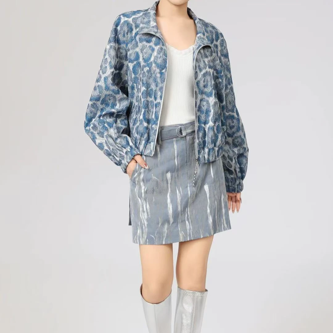 limil/丽米儿刺绣素描肌理灰蓝色豹纹短夹克女9400170