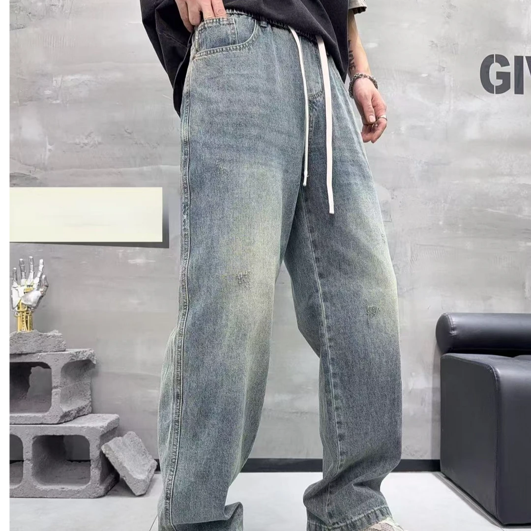阔腿裤系带春季长裤水洗牛仔裤夏季直筒裤子休闲做旧拼接66335款