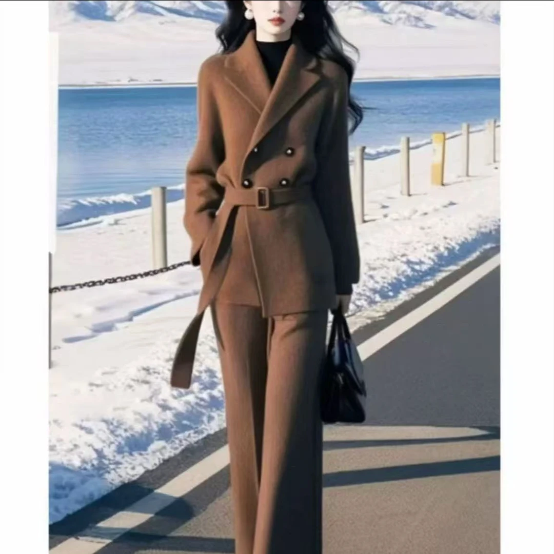【送腰带】2025秋冬季高级气质新款女装香风毛呢外套阔腿裤两件套