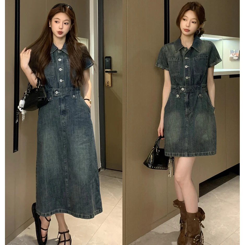 胖妹妹大码女装遥远的岛夏季新款韩版港风复古显瘦牛仔连衣裙胖MM