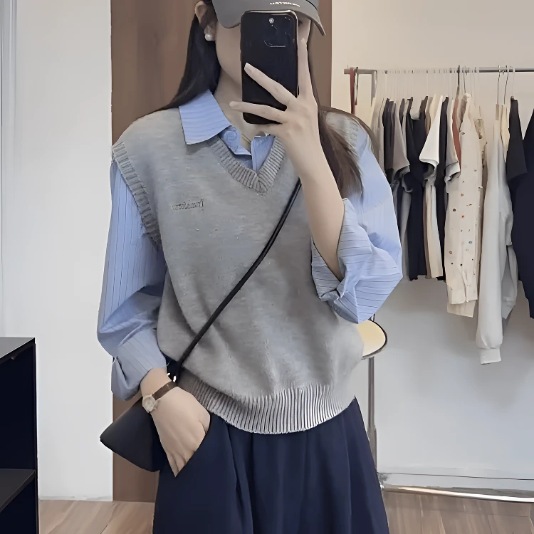 1假两件马甲上衣女春新款小个子条纹衬衫复古宽松清冷感针织上衣