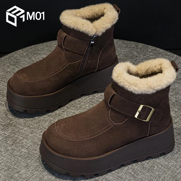 M01增高厚底雪地靴女2025新款冬季爆款复古短靴加绒加厚保暖棉鞋