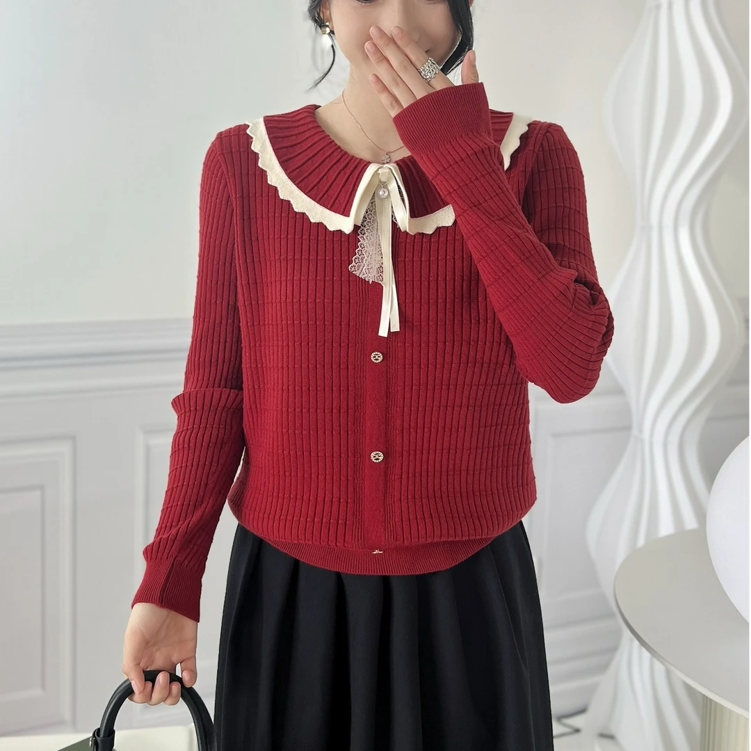 加厚秋冬新款小香风长袖软糯针织毛衣女设计感小众娃娃领气质上衣