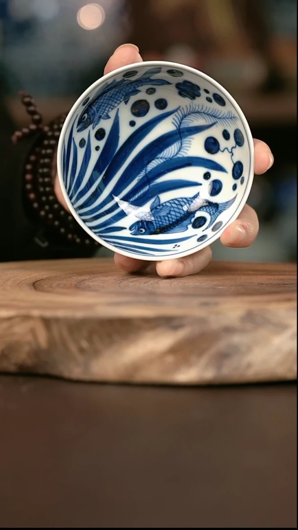 手绘 高温现代瓷  气窑 鱼藻普洱杯100c