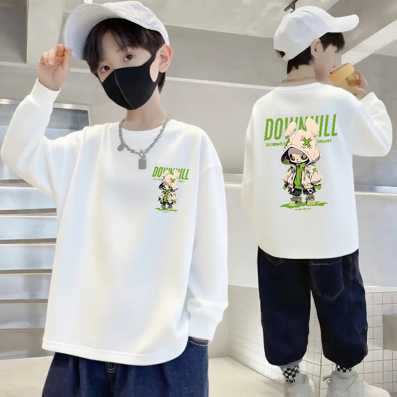 100%纯棉春季男童T恤中大童纯棉长袖秋季宽松圆领男孩酷帅打底衫