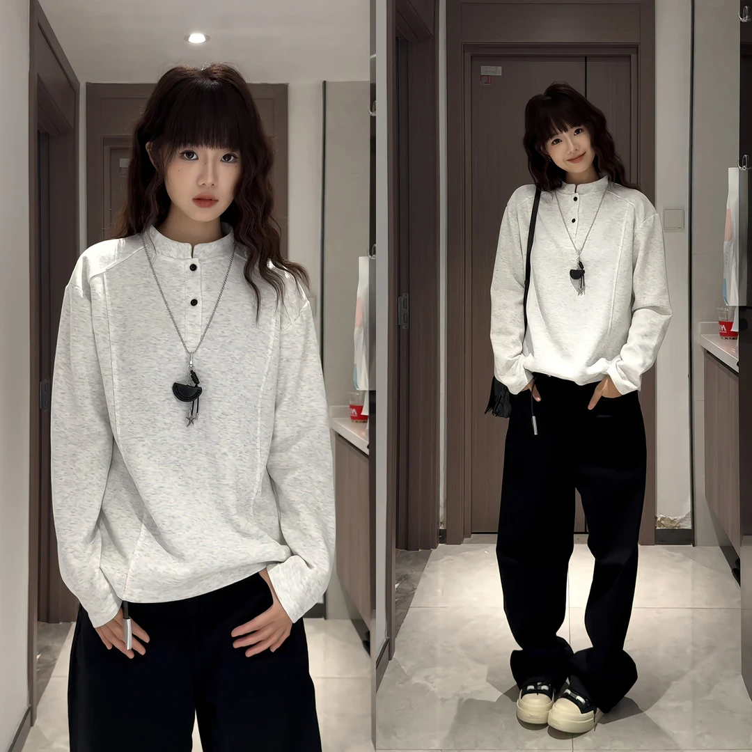 白花灰解构立领卫衣男秋季拼接boxy版型美式正肩长袖t恤打底衫潮
