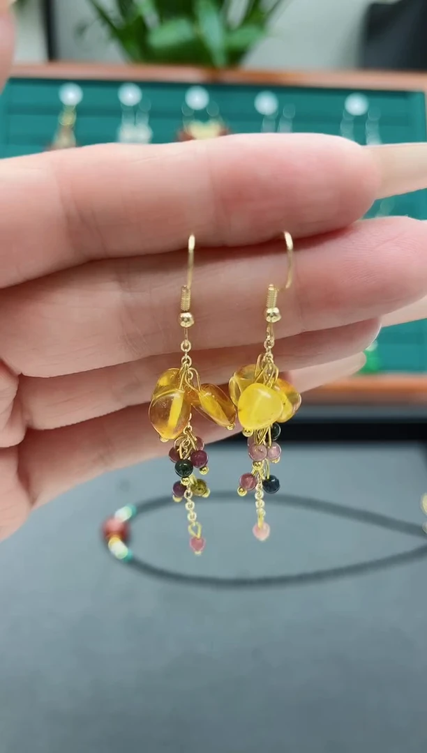 【闪购商品】蜜蜡耳饰银S925镀金镶嵌15蜜蜡