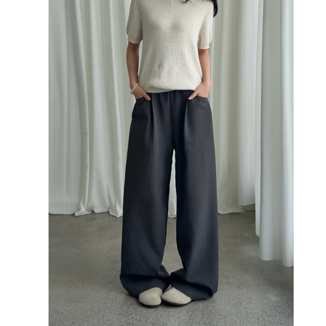 灰色松紧腰西裤口袋休闲风男女同款休闲裤百搭秋季直筒西装长裤