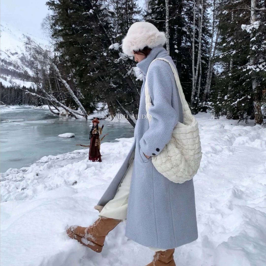 张桶桶QC【北冰洋】蓝色长大衣软糯毛呢外套氛围感简约ZXL01745