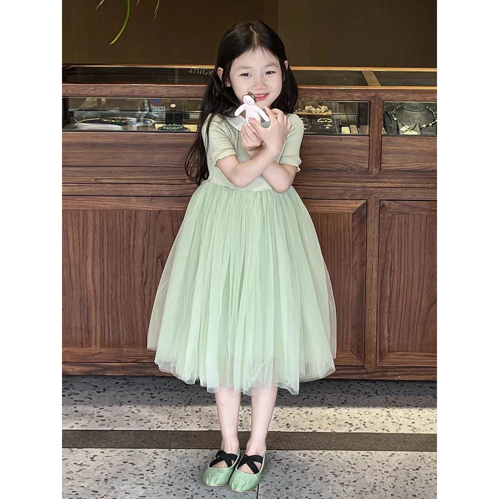 韩版女童2025夏季新款浅绿色翻领短袖连衣裙女孩网纱蓬蓬公主裙潮