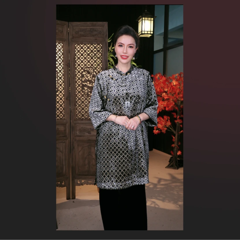 【镜霖】阔太太时髦女装妈妈装秋冬季禅意气质款国风真丝丝绒上衣