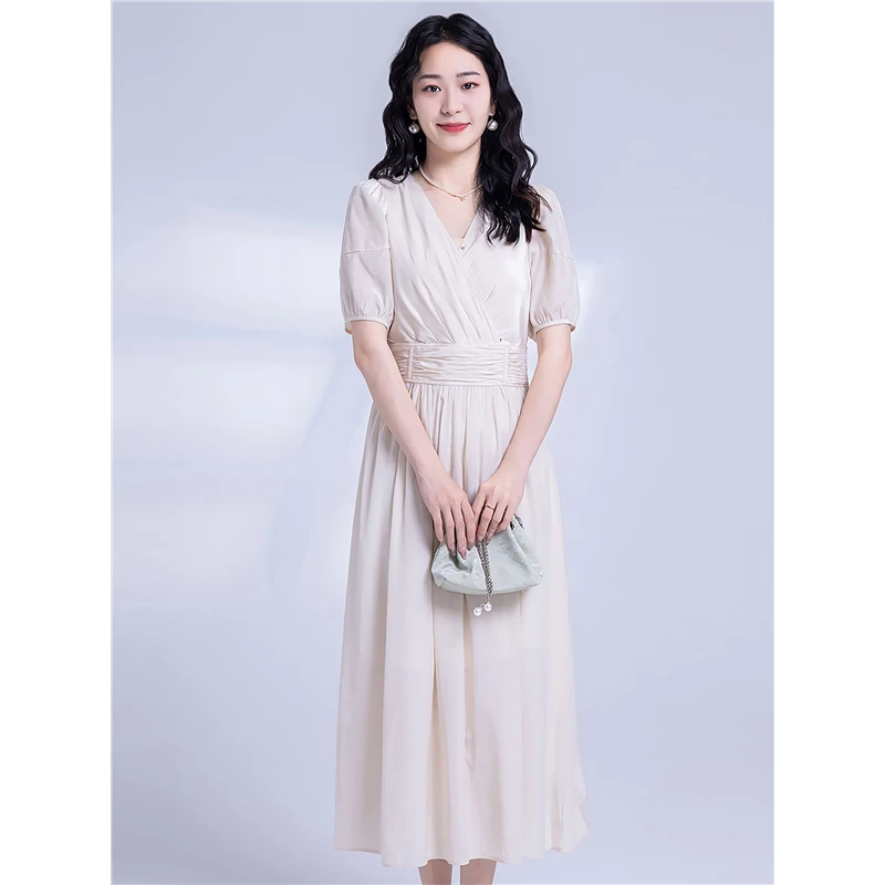 L6220夏季新款女装气质温柔V领收腰显瘦中长款连衣裙
