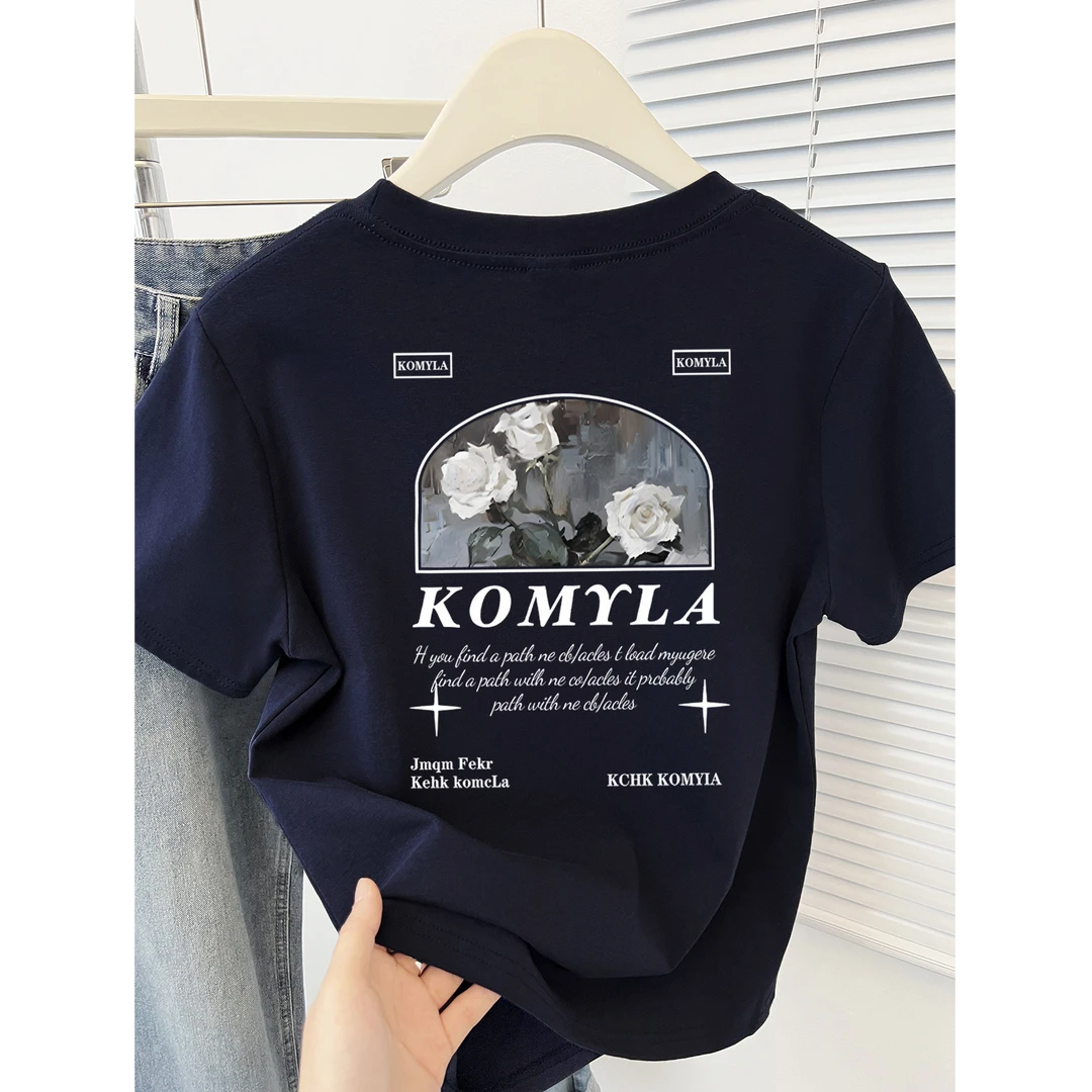 夏季正肩百搭小个子字母印花短袖T恤女2025爆款修身显瘦短款上衣