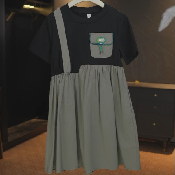 显瘦休闲风中长款休闲半身裙假两件连衣裙森系大童女夏季拼接时尚