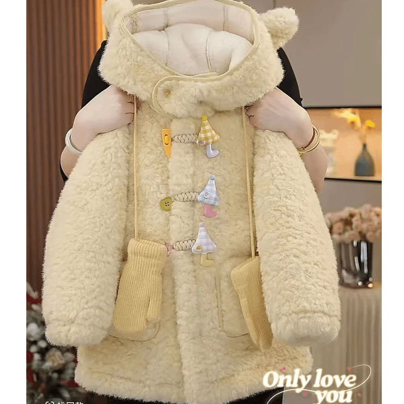 女童加绒外套秋冬款2025新款甜美可爱连帽毛毛衣加厚保暖大衣冬装