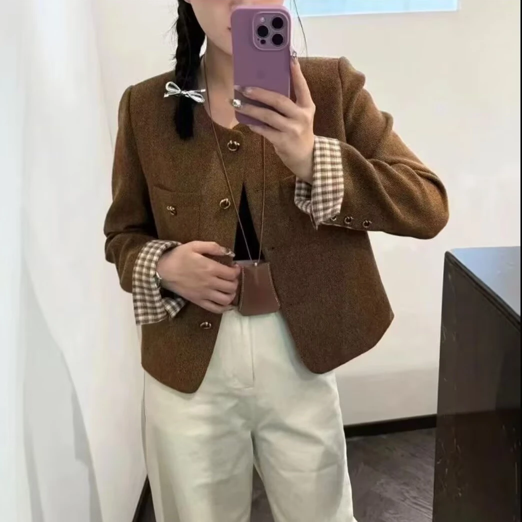 精致小香风·外套女早秋新款正肩圆领格子拼接名媛气质上衣