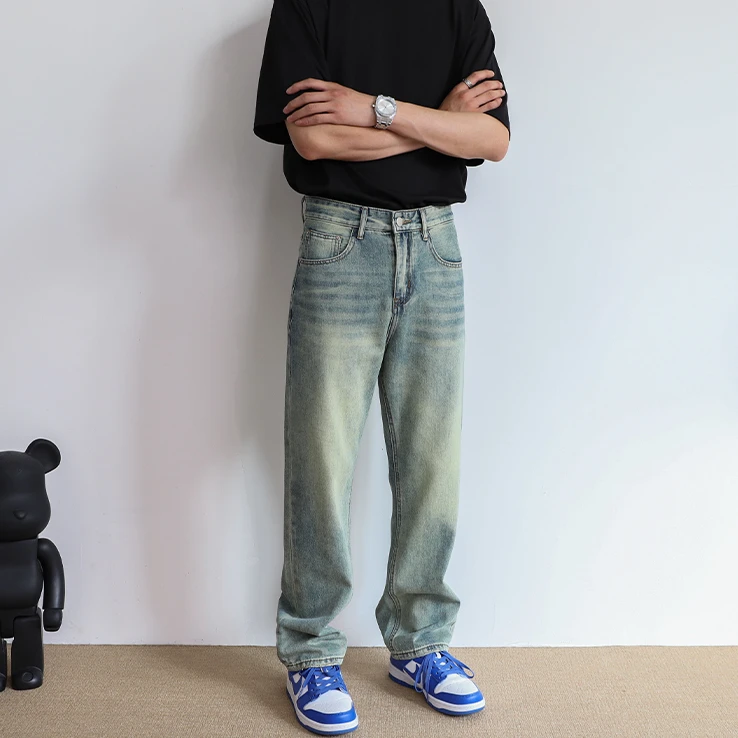 潮牌宽松直筒复古做旧水洗简约牛仔裤男2025秋冬美式高街百搭长裤