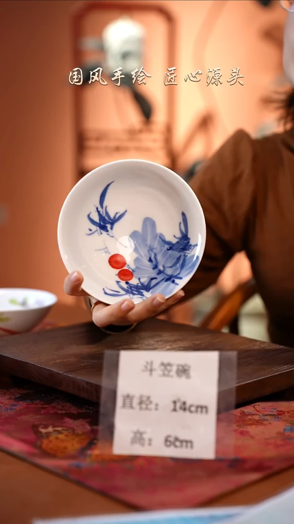 陶瓷景德镇高温釉中彩斗笠碗直径14高6