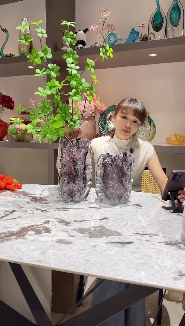 烟紫色气泡琉璃花瓶一对