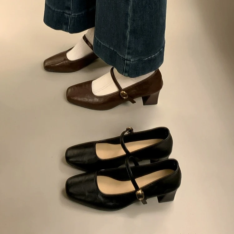 法式高跟玛丽珍鞋女2025年春秋季新款粗跟配裙子气质方头浅口单鞋